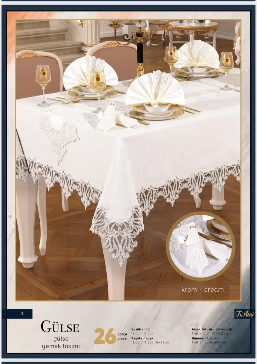 Gülse 12 Kişilik 26 Parça 160 × 220 cm Runner Krem Lüks Çeyizlik Yemek Takımı Masa Seti görsel 6