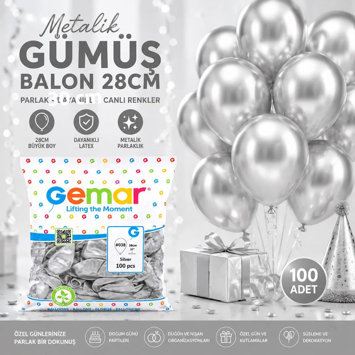Metalik Gümüş Balon 11'' (28 cm) - 100'lü görsel 3