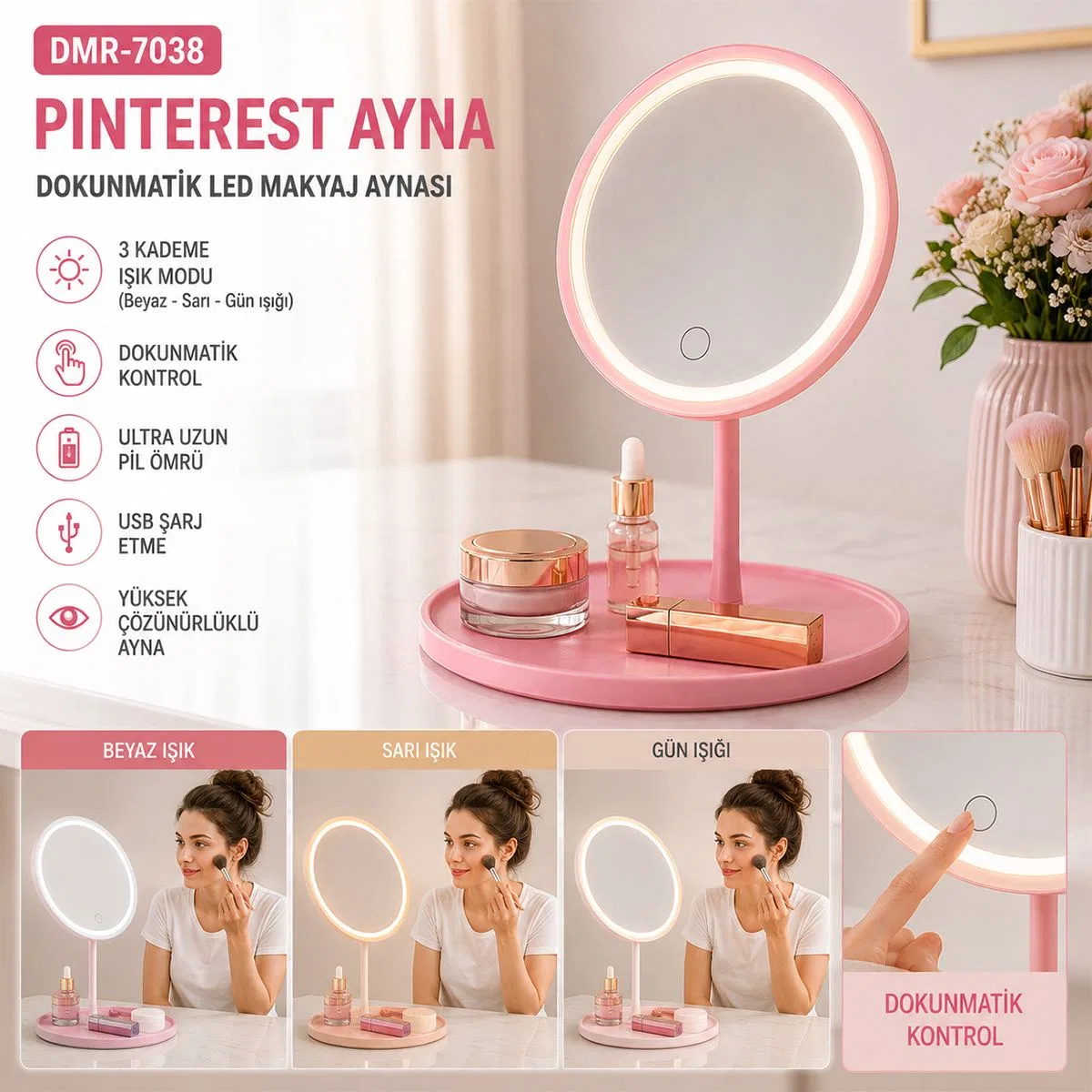Dokunmatik LED Makyaj Aynası USB Şarjlı 3 Kademe 17. 5cm 360° görsel 3