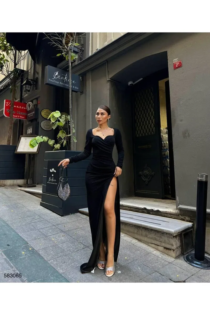 Kadın Günlük Kalp Yaka Uzun Kol Çiçekli Bodycon Elbise