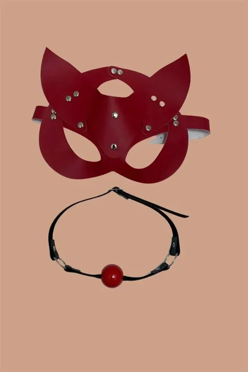 Kırmızı Deri Maske ve Ağız Topu Harness Aksesuar