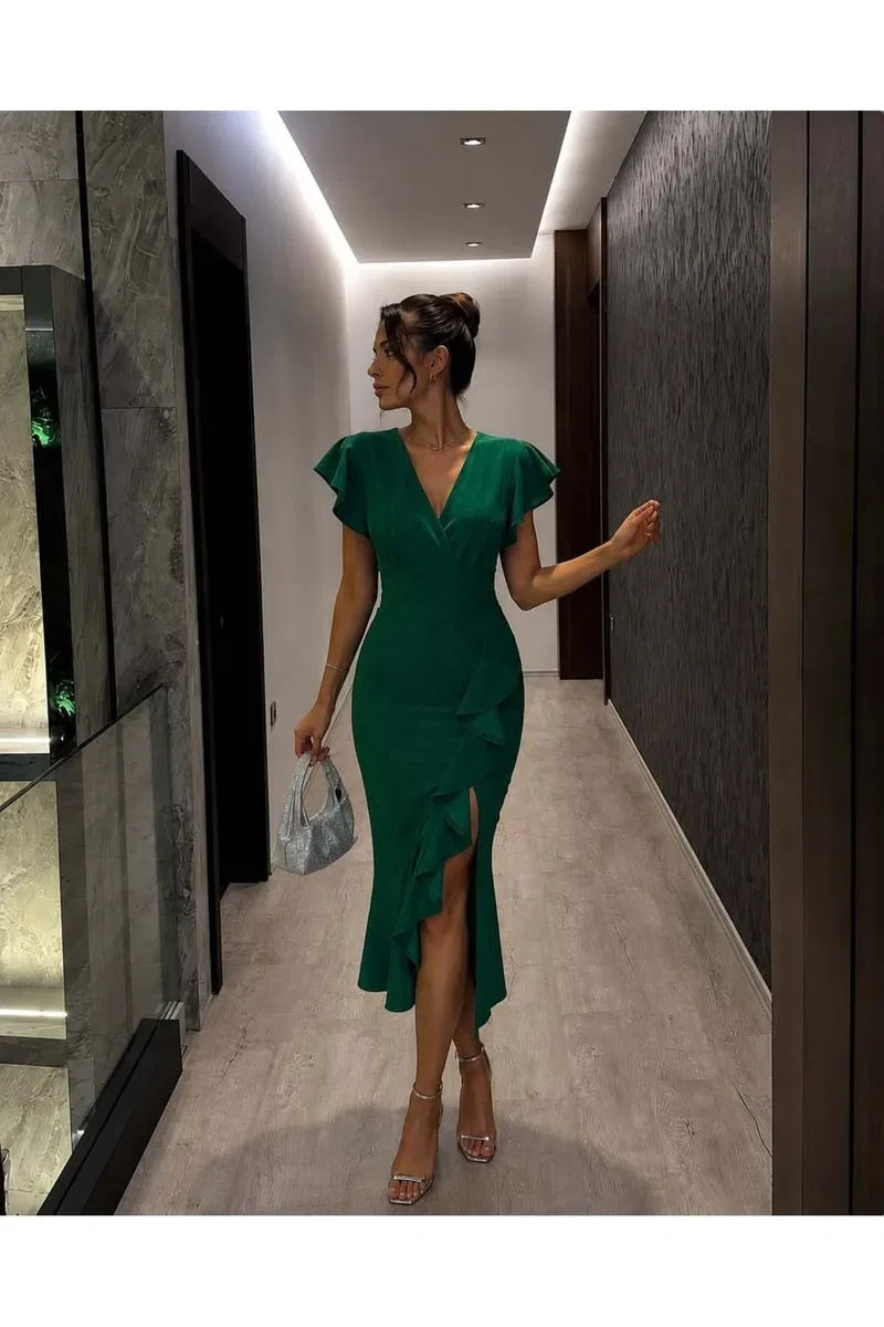 Kadın Vintage V Yaka Kısa Kol Balık Kesim Abiye Elbise