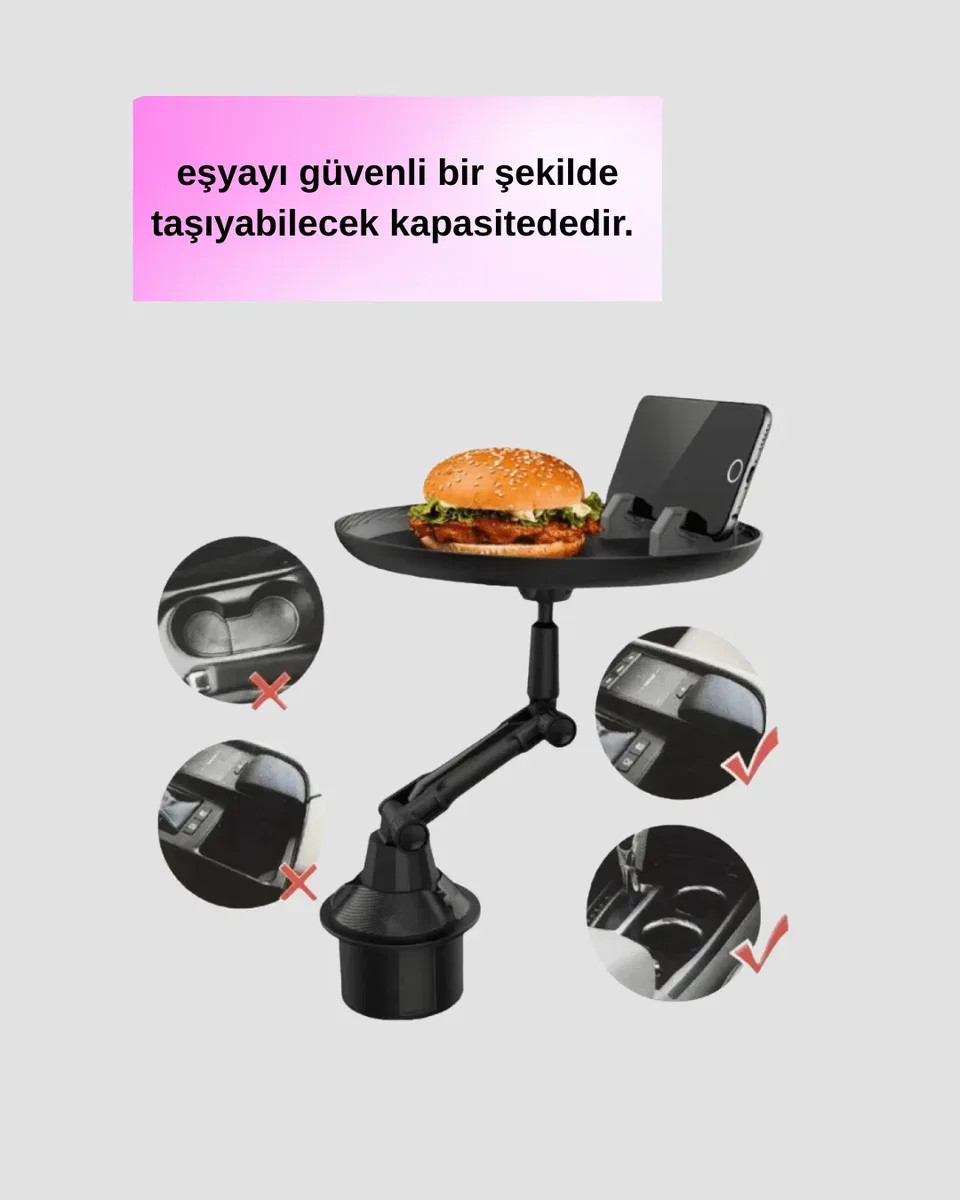 360° Döner Araç Bardaklık Tepsisi Geniş Yemek Alanlı Telefon Standlı görsel 4