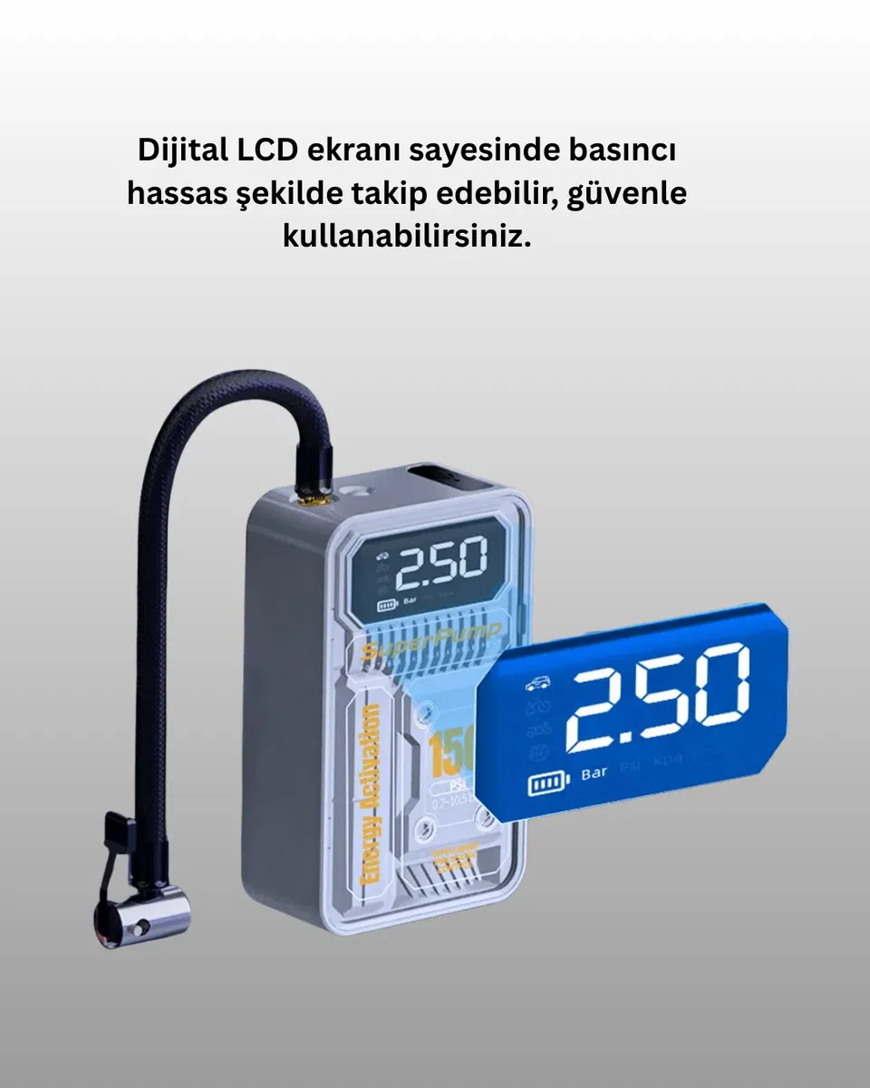 6000mAh Bataryalı LED Ekranlı Akıllı Hava Kompresörü görsel 2