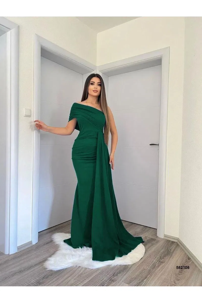 Kadın Özel Tasarım Asimetrik Yaka Tek Kol Balık Kesim Abiye Elbise görsel 7