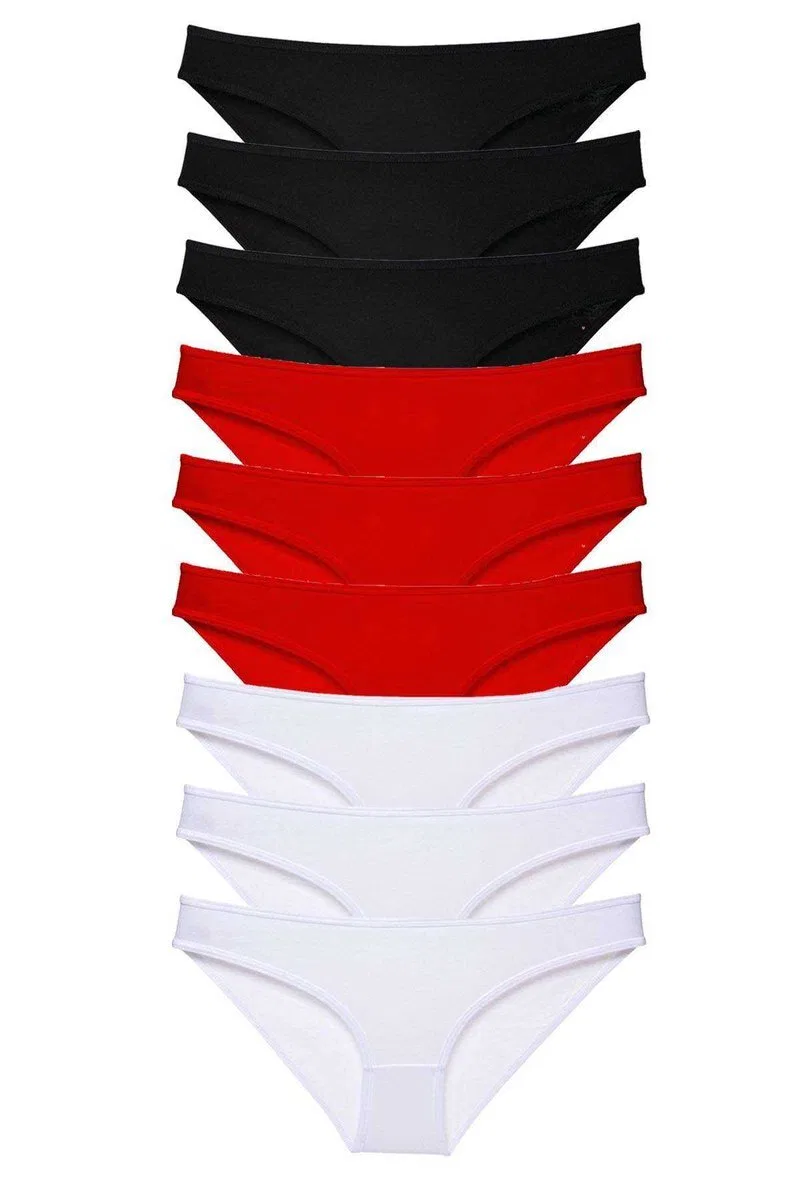 9 adet Süper Eko Set Likralı Kadın Slip Külot Siyah Kırmızı Beyaz mudanis