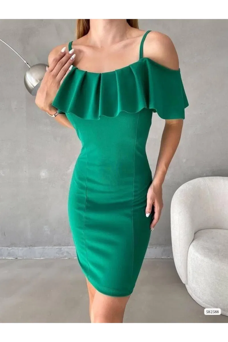 Kadın Minimal Tasarım Gömlek Yaka Volanlı Fırfırlı Elbise görsel 3