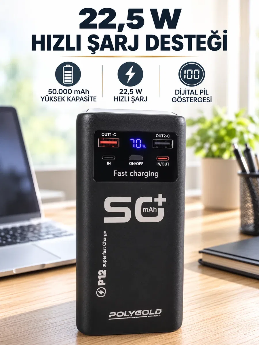 Yüksek Kapasiteli 50. 000 mAh Powerbank 22, 5 W Hızlı Şarj 4 Dahili Kablo LED Aydınlatma