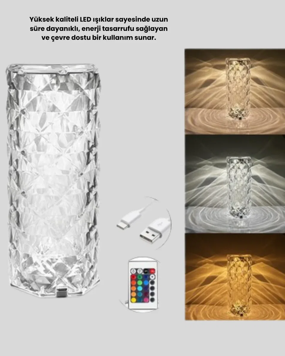 Kristal RGB LED’li Kumandalı Masa ve Gece Lambası – Renkli Işık Modlarıyla Şık Dekoratif Aydınlatma görsel 3