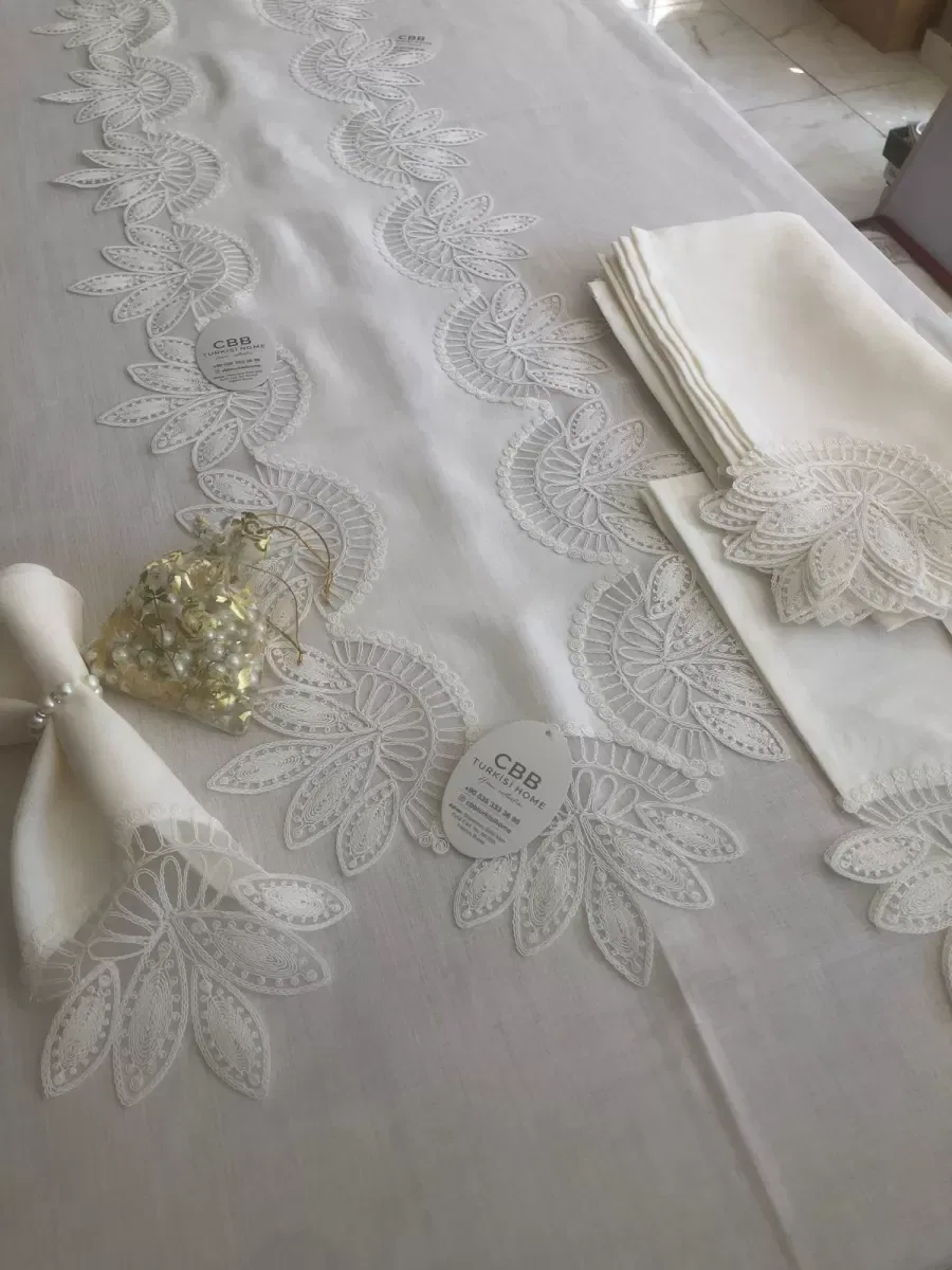 Sofra Takımı Lady Gardenya Keten Yemek Takımı 160x220 Masa Seti 12 Kişilik 26 Parça Runner Set Krem görsel 5
