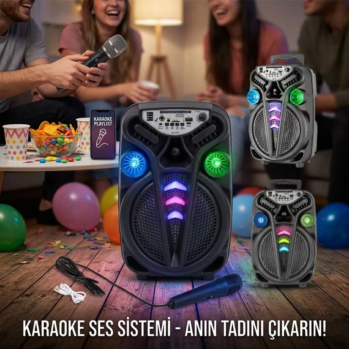 8 inç Kablosuz Karaoke Hoparlör Mikrofonlu, USB/TF/AUX, Işıklı, Şarjlı görsel 4