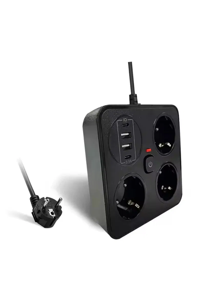 Akım Korumalı Anahtarlı Priz - 3x Priz - 2x Usb - 2x Type-c - 2 Mt Kablo Hızlı Şarj Özellikli Siyah görsel 2
