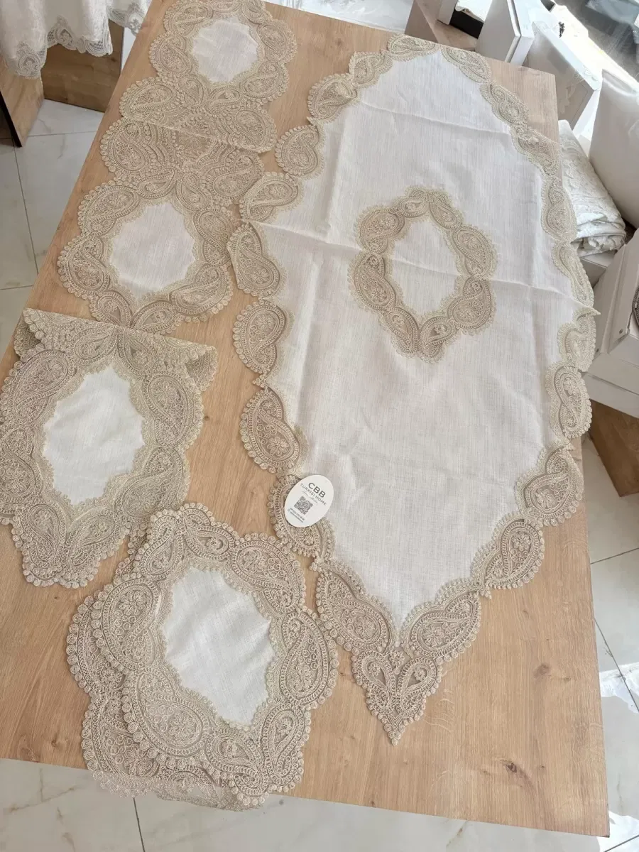 Salon Takımı Bellisima Çeyizlik Kreme Kapi Runner Set 5 Parça Keten Ranır Masa Sehpa Konsol Örtüsü görsel 3
