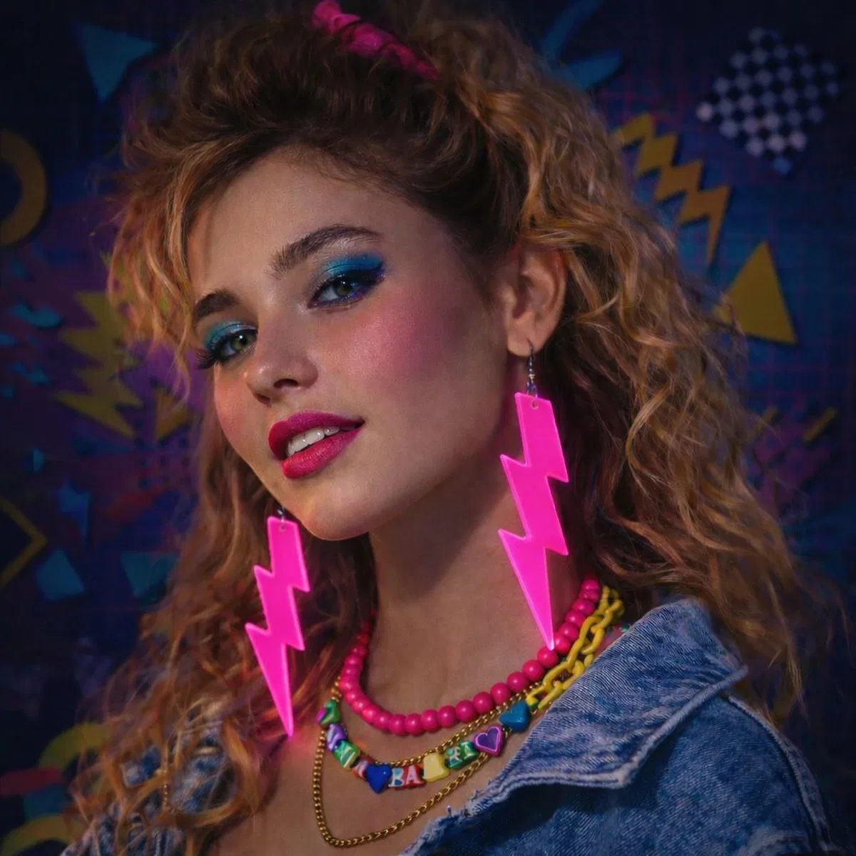80’ler 9039lar Retro Neon Pembe Şimşek Küpe 10 Cm görsel 2