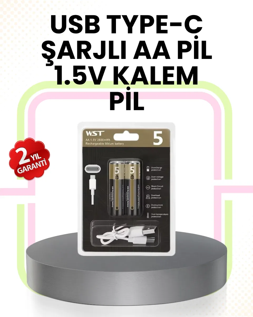 Tekrar Şarj Edilebilir AA USB Type-C Pil | 1000+ Döngü | 1. 5V Sabit Voltaj