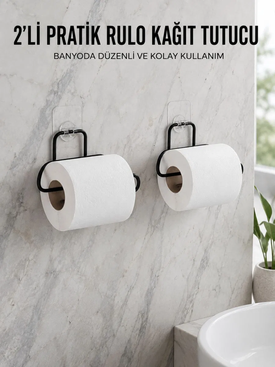 2 Adet Siyah Yapışkanlı Kağıtlık Duvar Tipi Tuvalet Kağıdı Ve Rulo Tutucu