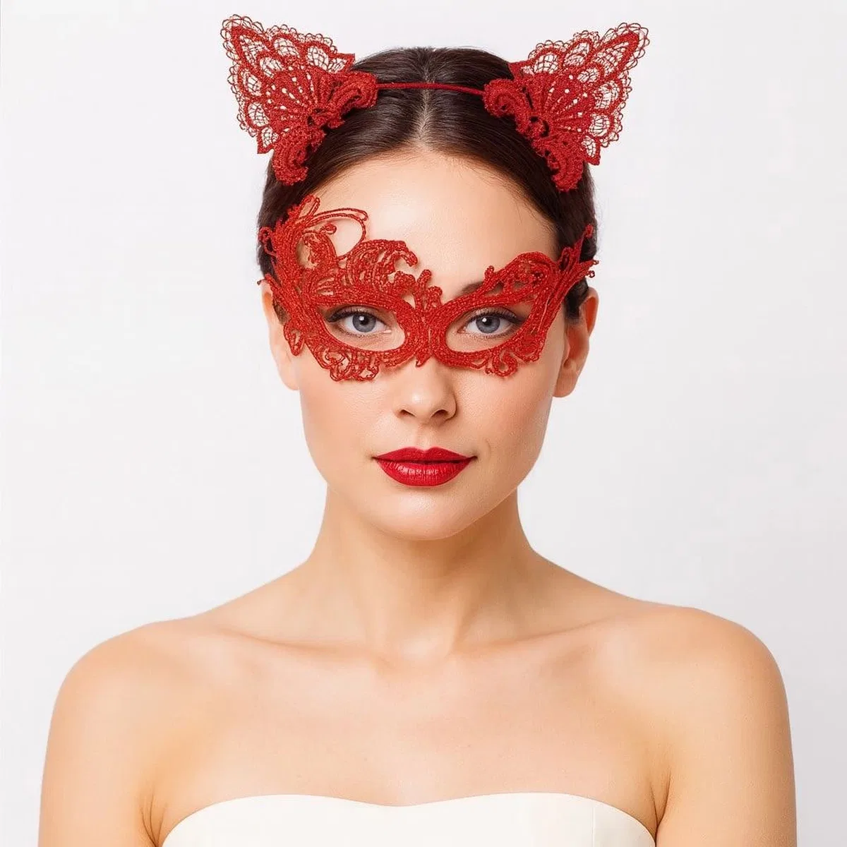 Gizemli Kırmızı Dantel Maske Ve Taç Seti 1 No - Kostüm Seti görsel 3