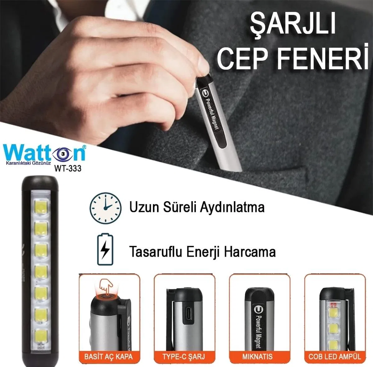 Type-c Girişli Mıknatıslı Şarjlı Cep Feneri Wt-333 görsel 5