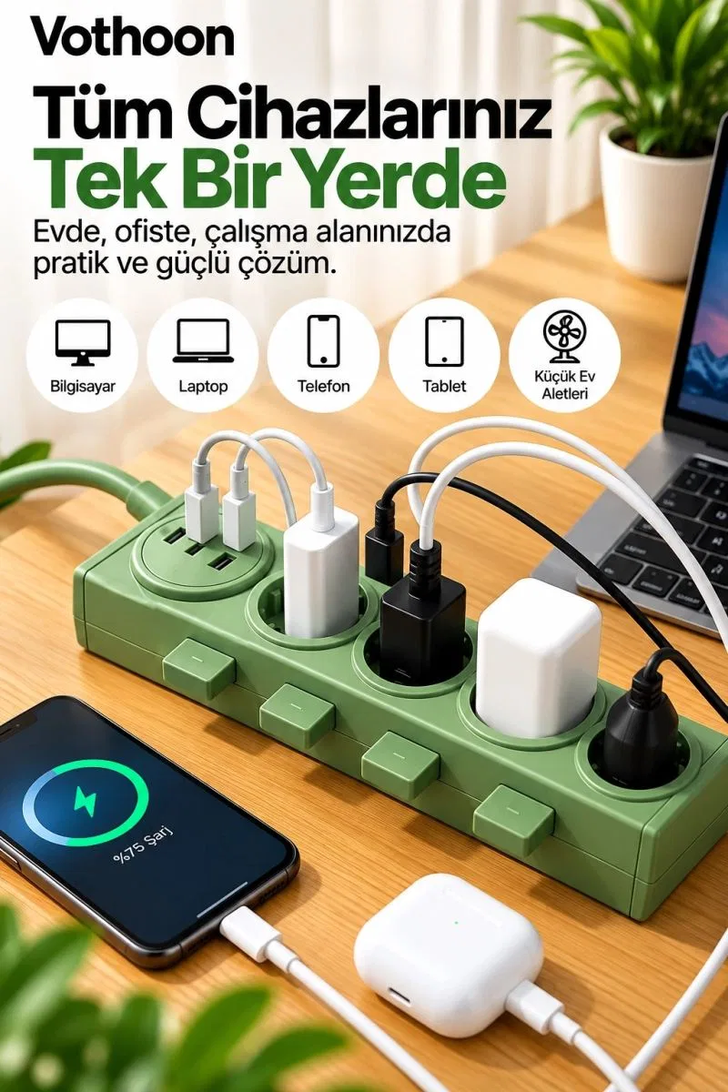 4’lü Akıllı Priz Tek Dokunuşla Fiş Çıkarma 2 Metre Kablo 2 Type-c + Usb 15w Hızlı Şarj 3680w görsel 2