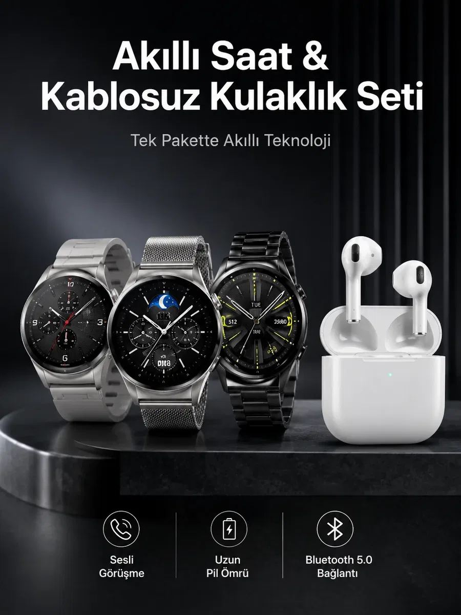 Akıllı Saat ve Kulaklık Seti Dokunmatik Ekran 5. 0 Bluetooth Bağlantılı Sesli Görüşme