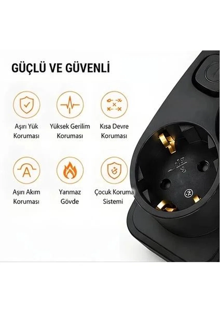 Akım Korumalı 5’li Priz 2xusb 2xtype-c Çıkış Akım Koruma Çoklu Priz Çoğaltıcı Anahtarlı Ftr-31 Siyah görsel 4