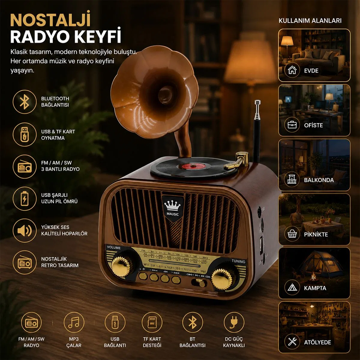 Nostaljik Bluetooth FM Radyo USB/TF MP3 Şarjlı Hoparlör görsel 3