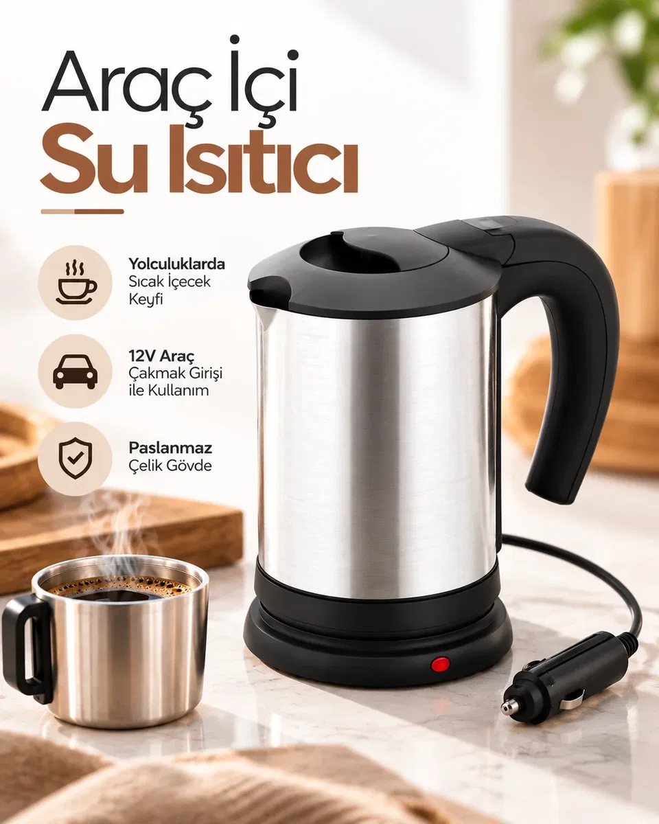 12V Araç Çakmak Girişli Paslanmaz Çelik Araç İçi Su Isıtıcı Seyahat Tipi Kettle