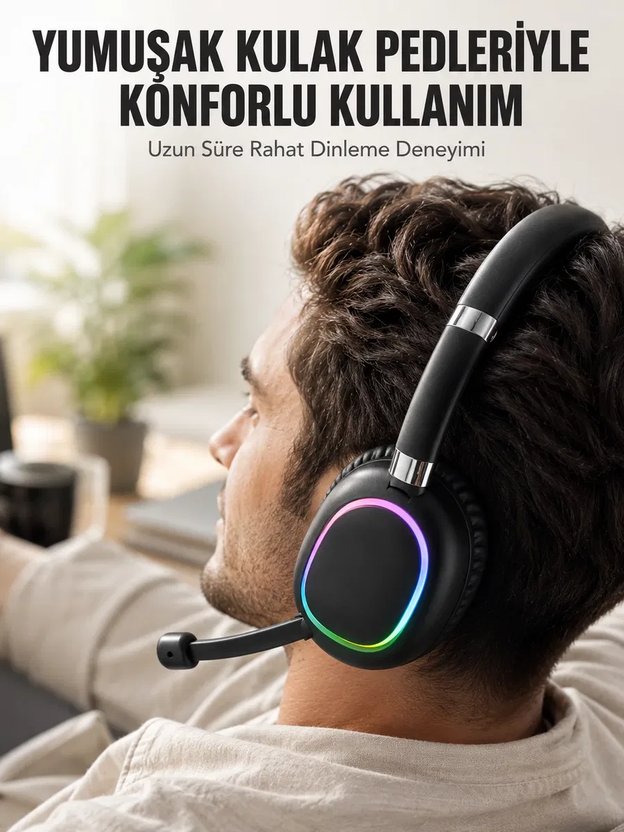 Bluetooth 5. 0 RGB Işıklı Mikrofonlu Kablosuz Kulak Üstü Kulaklık