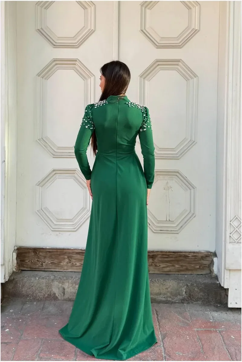 Kadın Yeni Sezon Dik Yaka Taş Detaylı Uzun Kollu Elbise görsel 8