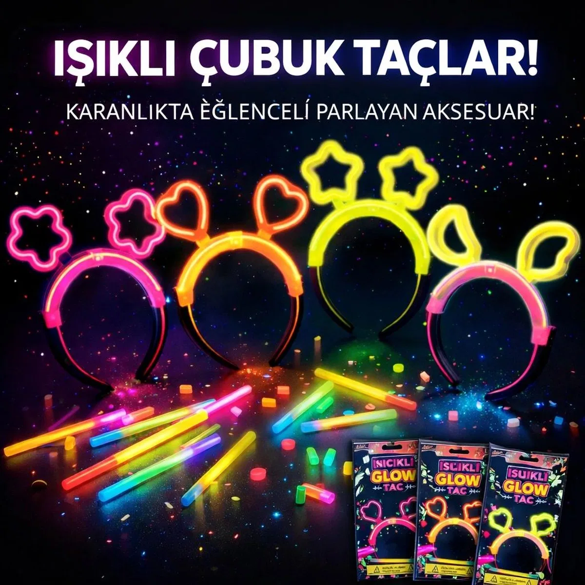 Karanlıkta Parlayan Glow Taç Seti 12 Adet – Yıldız Kalp Ay Çiçek (her Model 3 Adet)