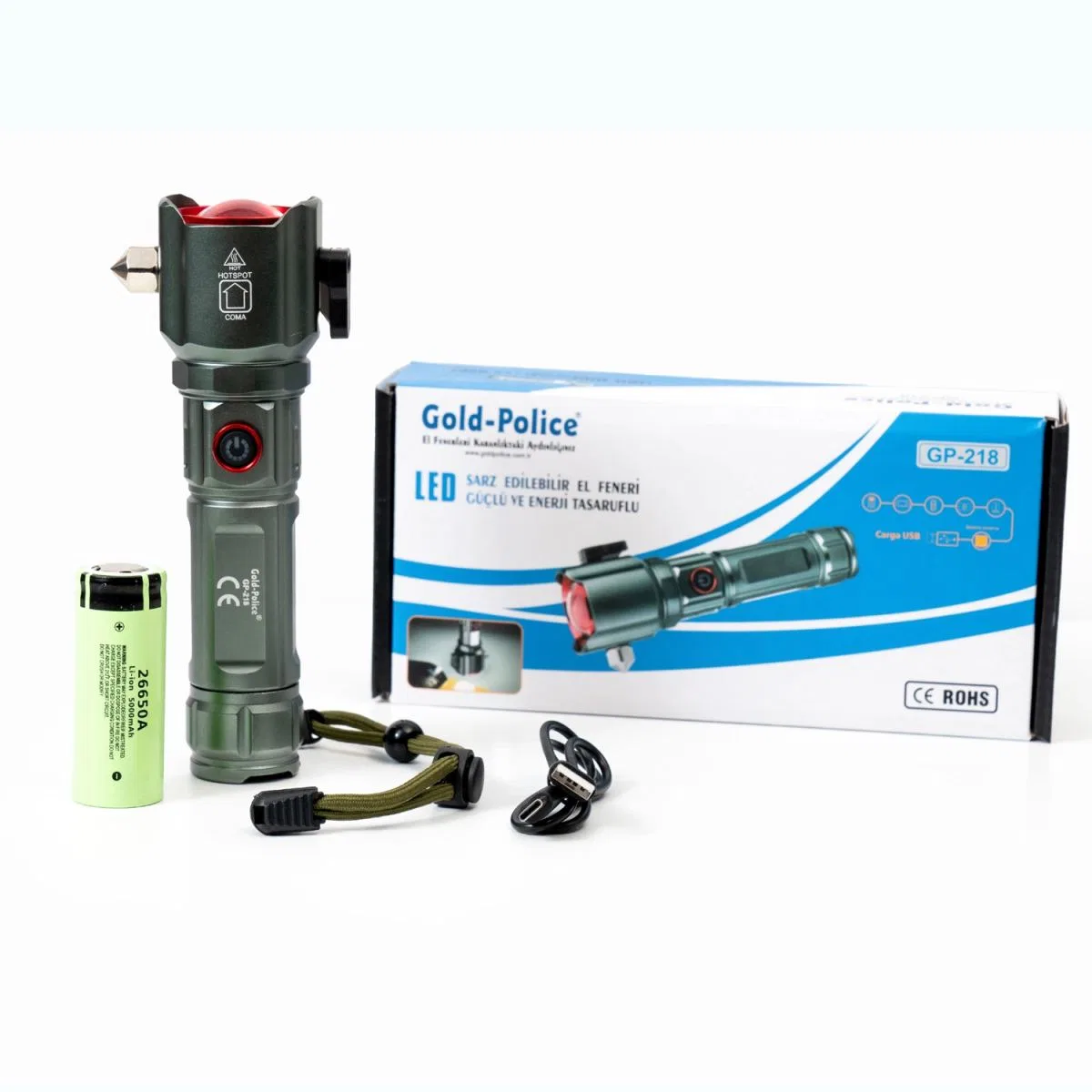 Gold Gp-218 İle Sınırları Aşın Yeni Nesil Tg Led Teknolojisiyle Ultra Uzun Menzilli Aydınlatma Ve Acil Durumlar İçin Dahili Cam Kırıcı Bir Arada. Şarj Edilebilir, Darbeye Dayanıklı Ve Profesyo görsel 2