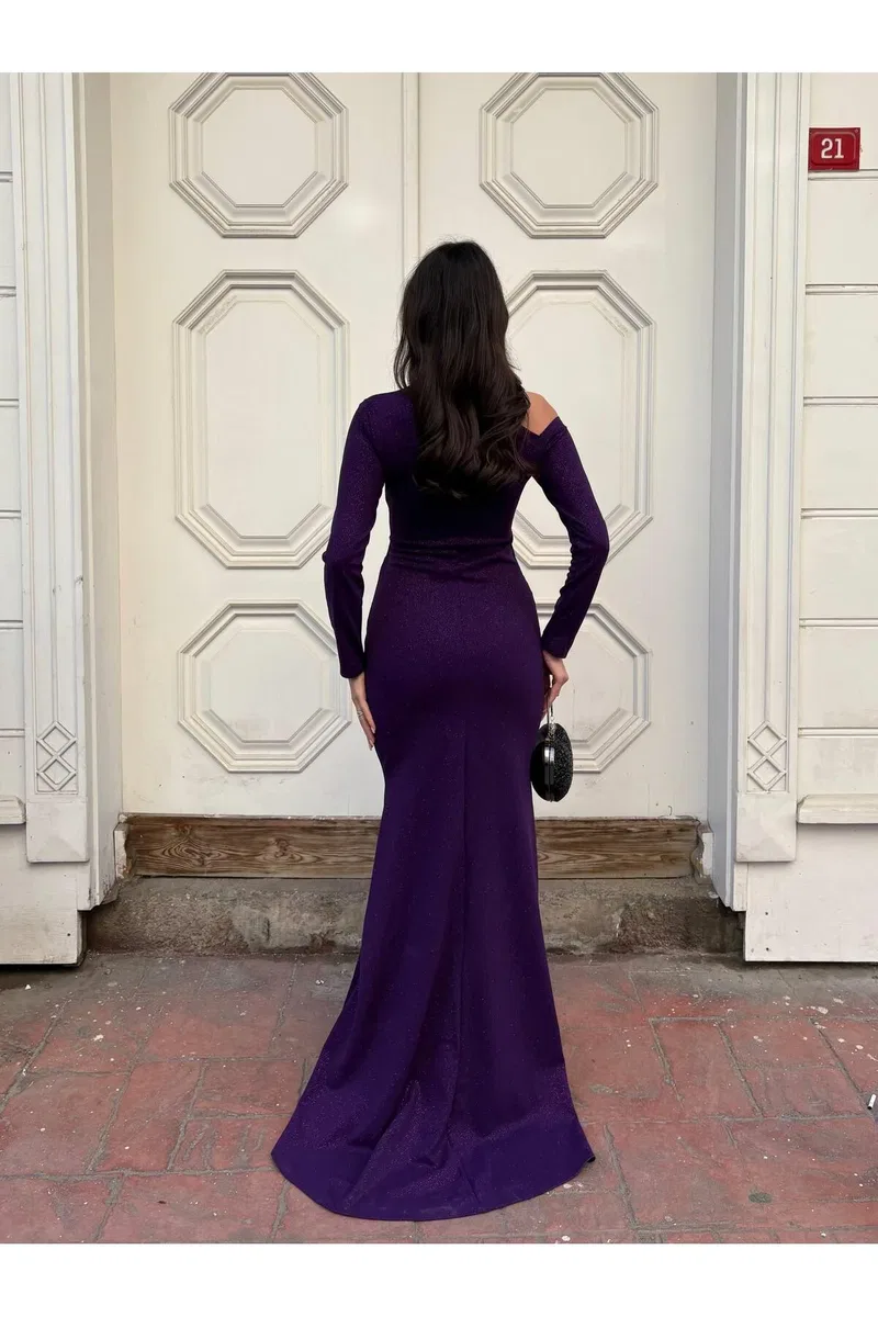Kadın Trend Model Tek Omuz Tek Kol Gömlek Abiye Elbise görsel 8