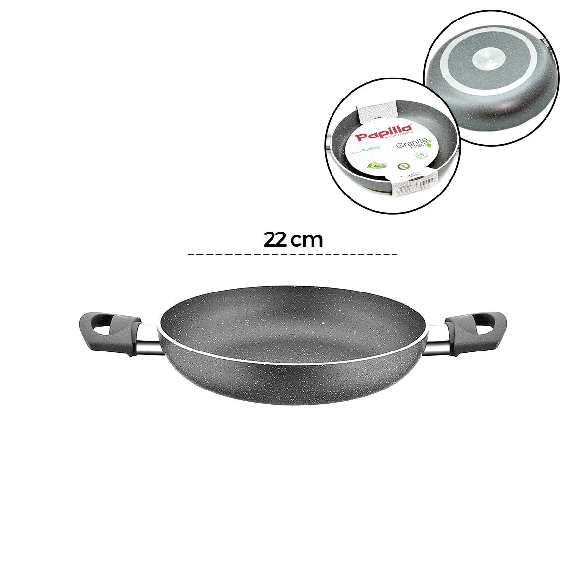 Granit Tava 22 cm Çift Saplı Gri Kırçıllı görsel 2