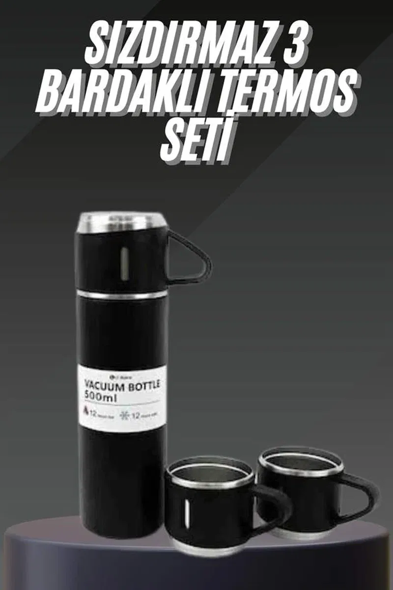 Termos Seti Paslanmaz Çelik 3 Bardaklı Vakumlu Termos Set 500 Ml 12 Saate Kadar Isı Koruma görsel 2