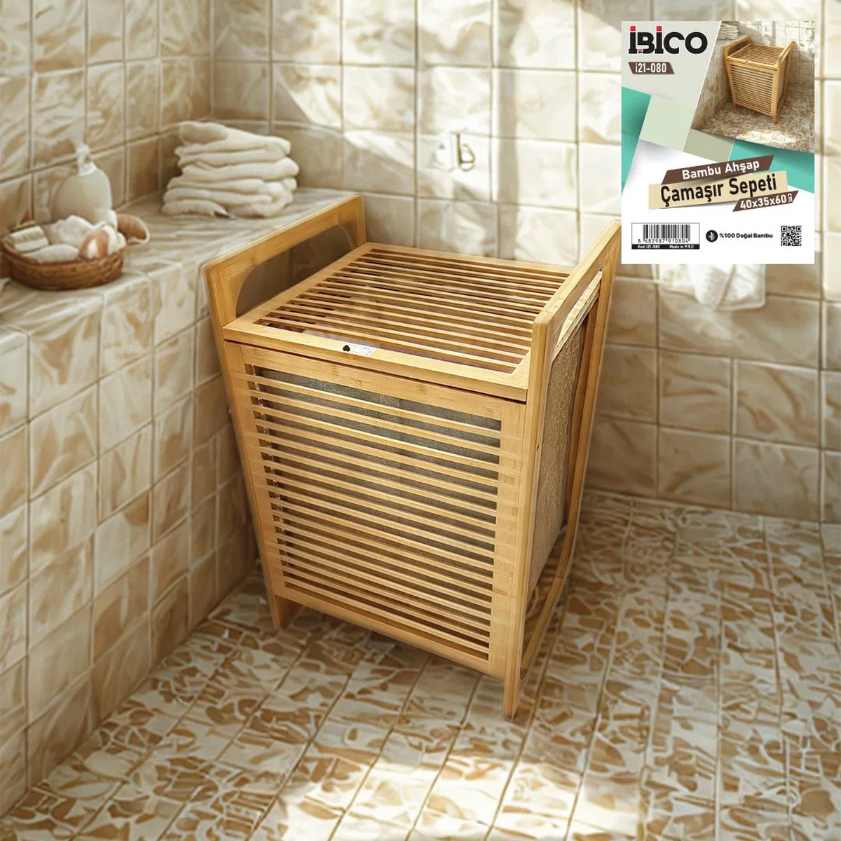 Bambu Kirli Çamaşır Sepeti 40x35x60 cm görsel 2