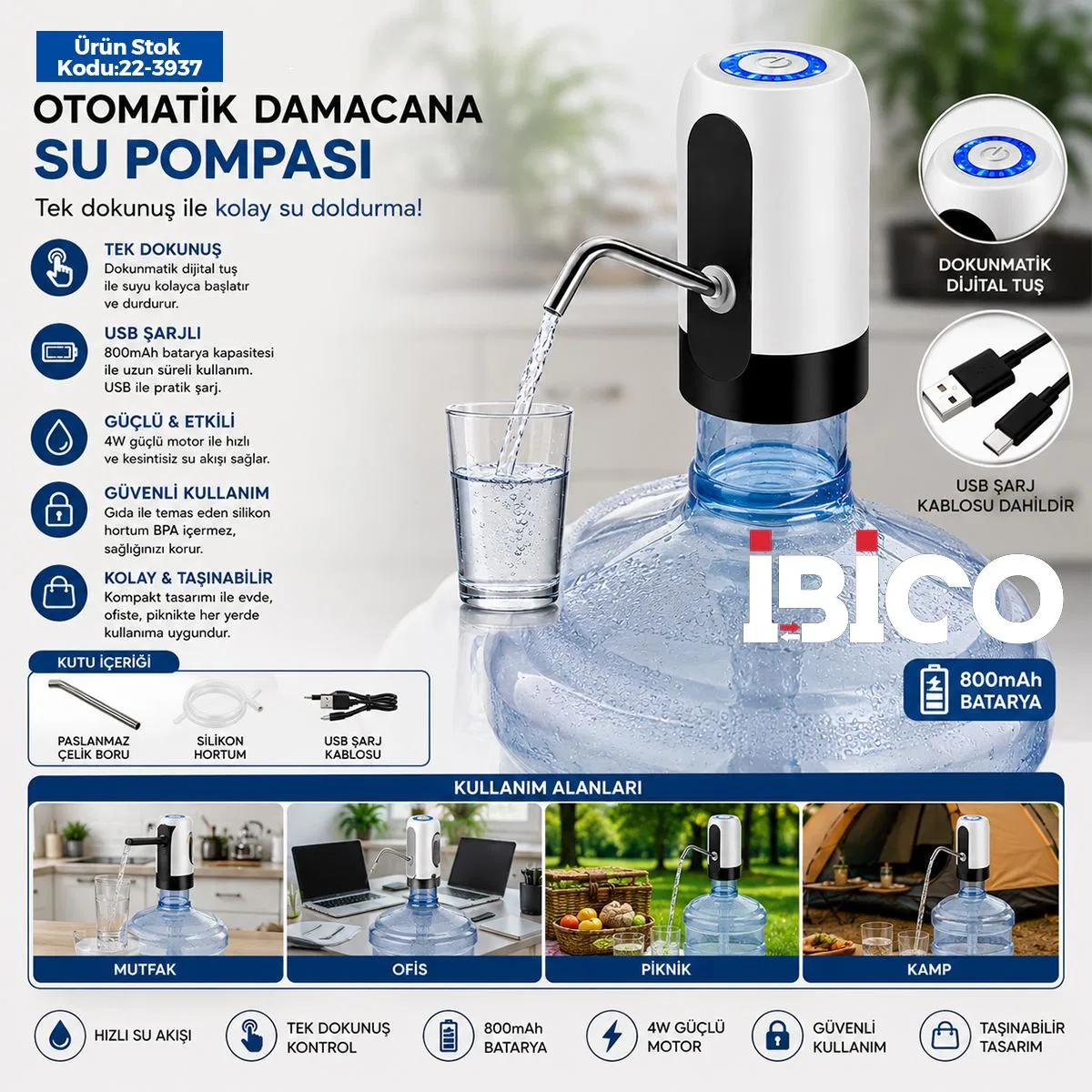 USB Şarjlı Otomatik Damacana Su Pompası 4W 800mAh görsel 5