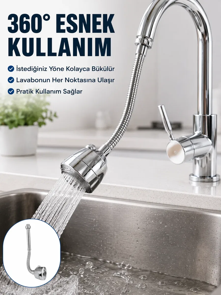 Krom Musluk Uzatma Aparatı 360° Dönebilen Su Tasarruflu Lavabo Fıskiyesi