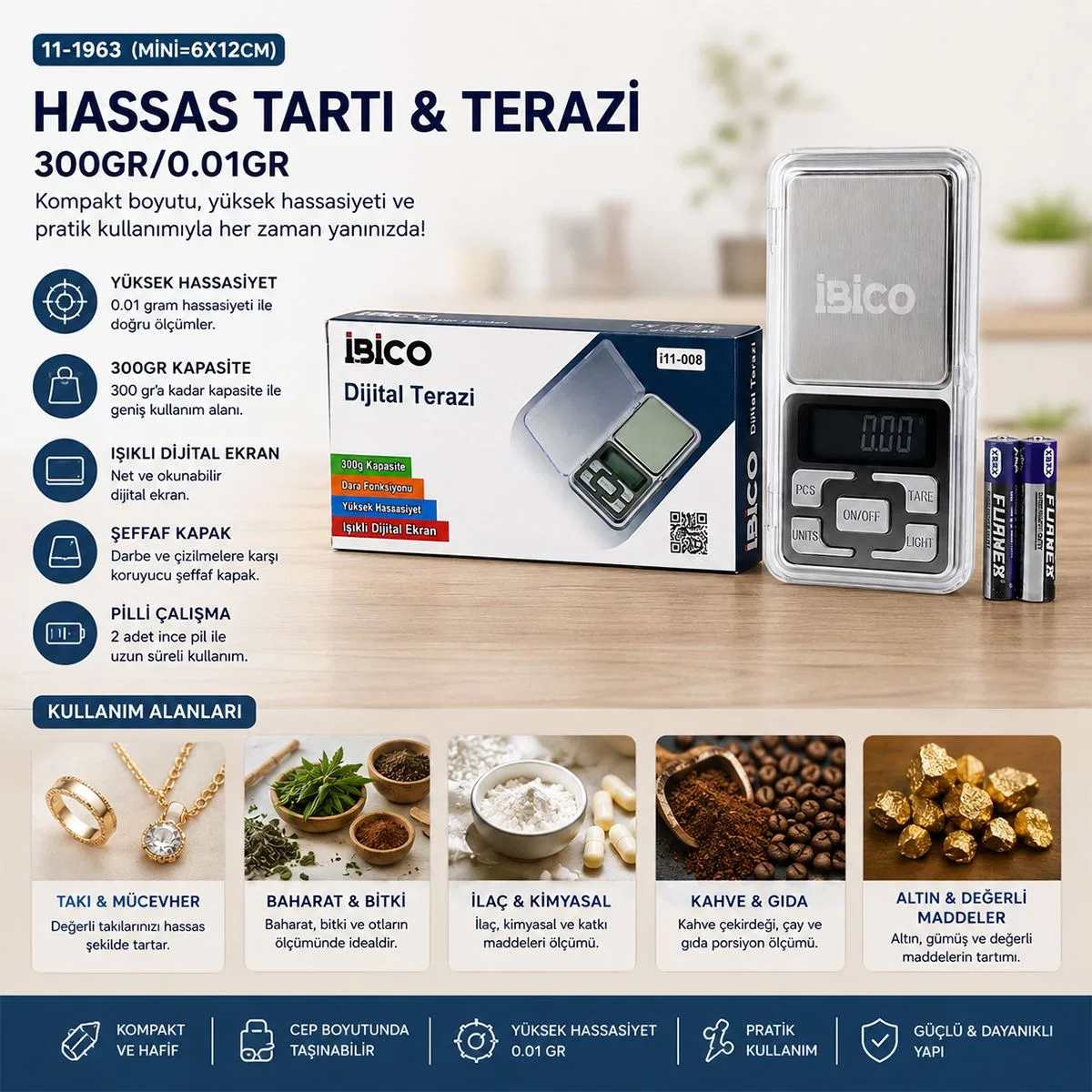 Mini Hassas Terazi 300g/0. 01g (6x12 cm) Şeffaf Kapaklı, Pilli görsel 3