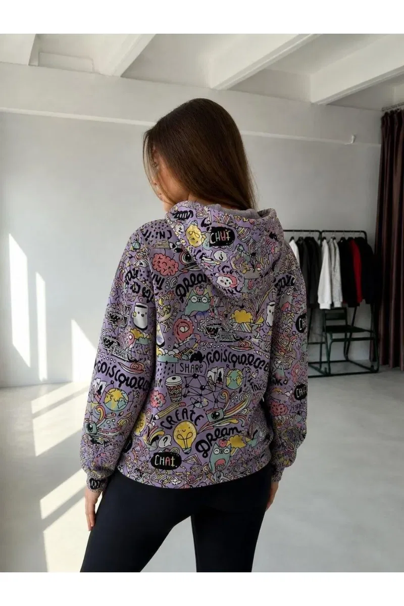Kadın Zarif Detay Kapüşonlu Uzun Kol Renkli Jogger Sweatshirt görsel 5