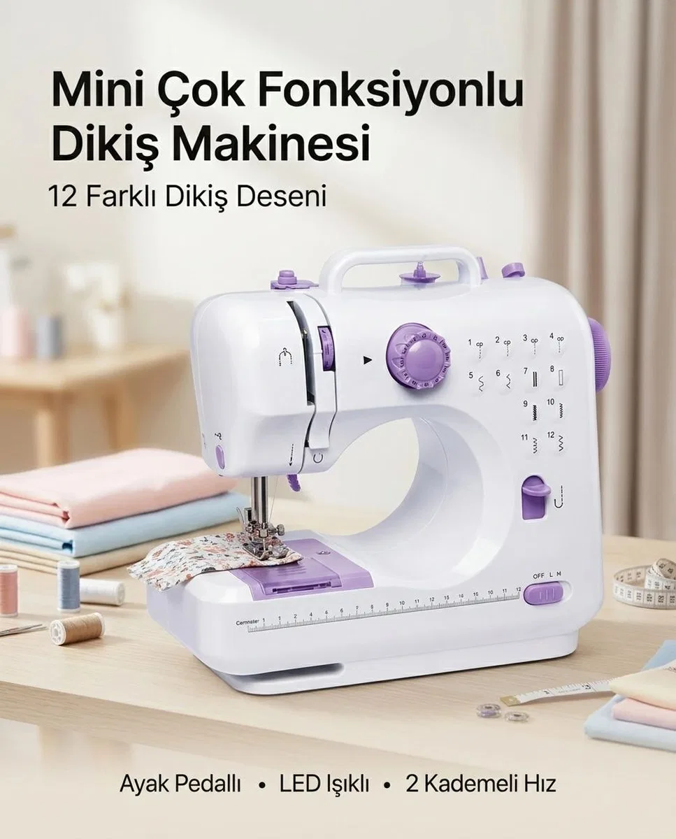 Ev Tipi Mini Dikiş Makinesi Ayak Pedallı Led Aydınlatmalı 12 Farklı Dikiş Desenli