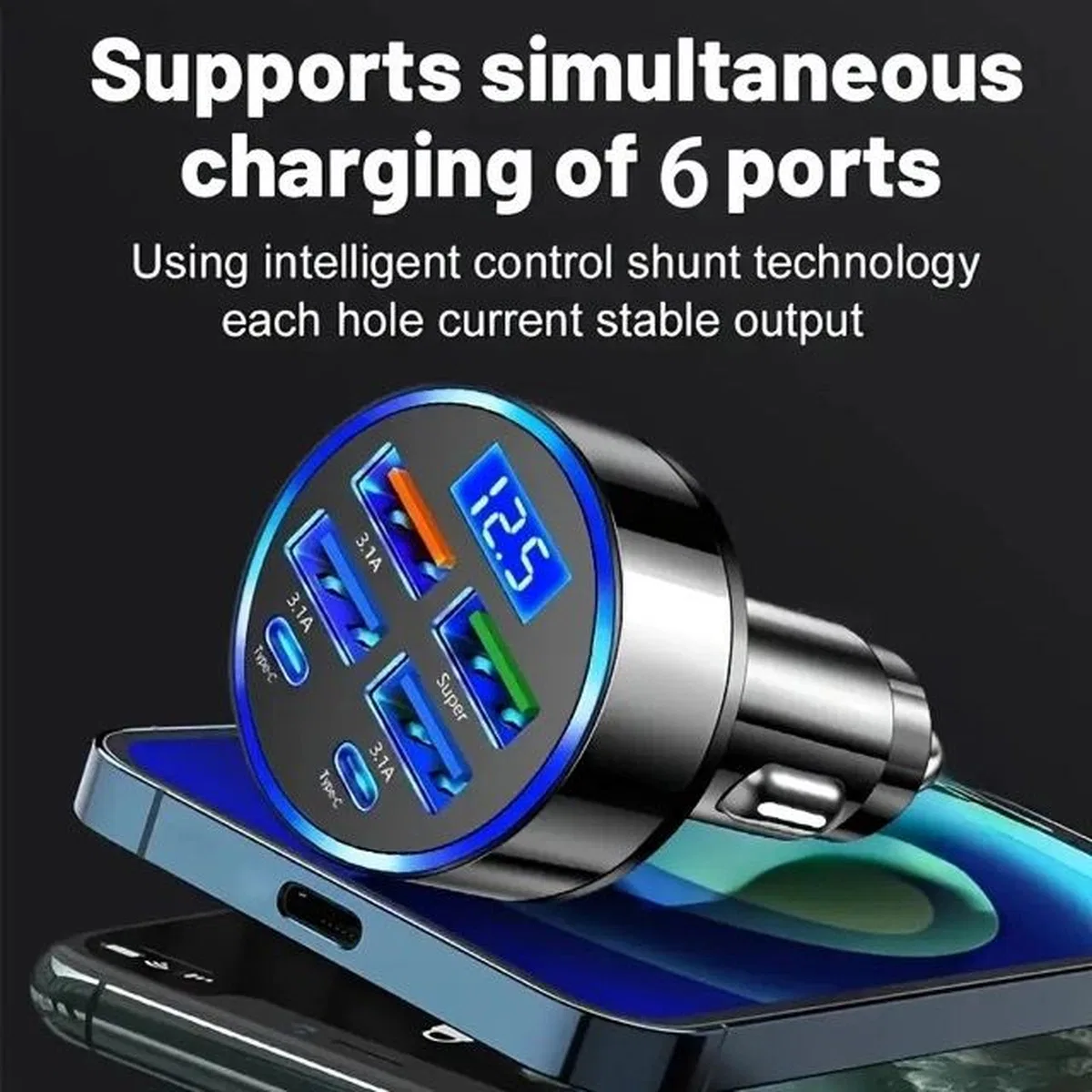 6 Portlu Hızlı Araç Şarj Cihazı – 4 Usb + 2 Type-c Çıkışlı Dijital Göstergeli Oto Şarjı görsel 3