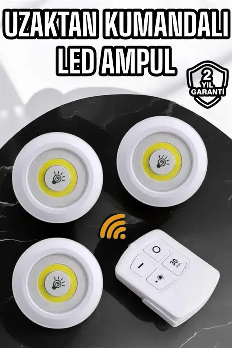 Spot Lamba Led Işık 3'lü Uzaktan Kumandalı Pilli Yapışkanlı Kablosuz Yeni Nesil görsel 2