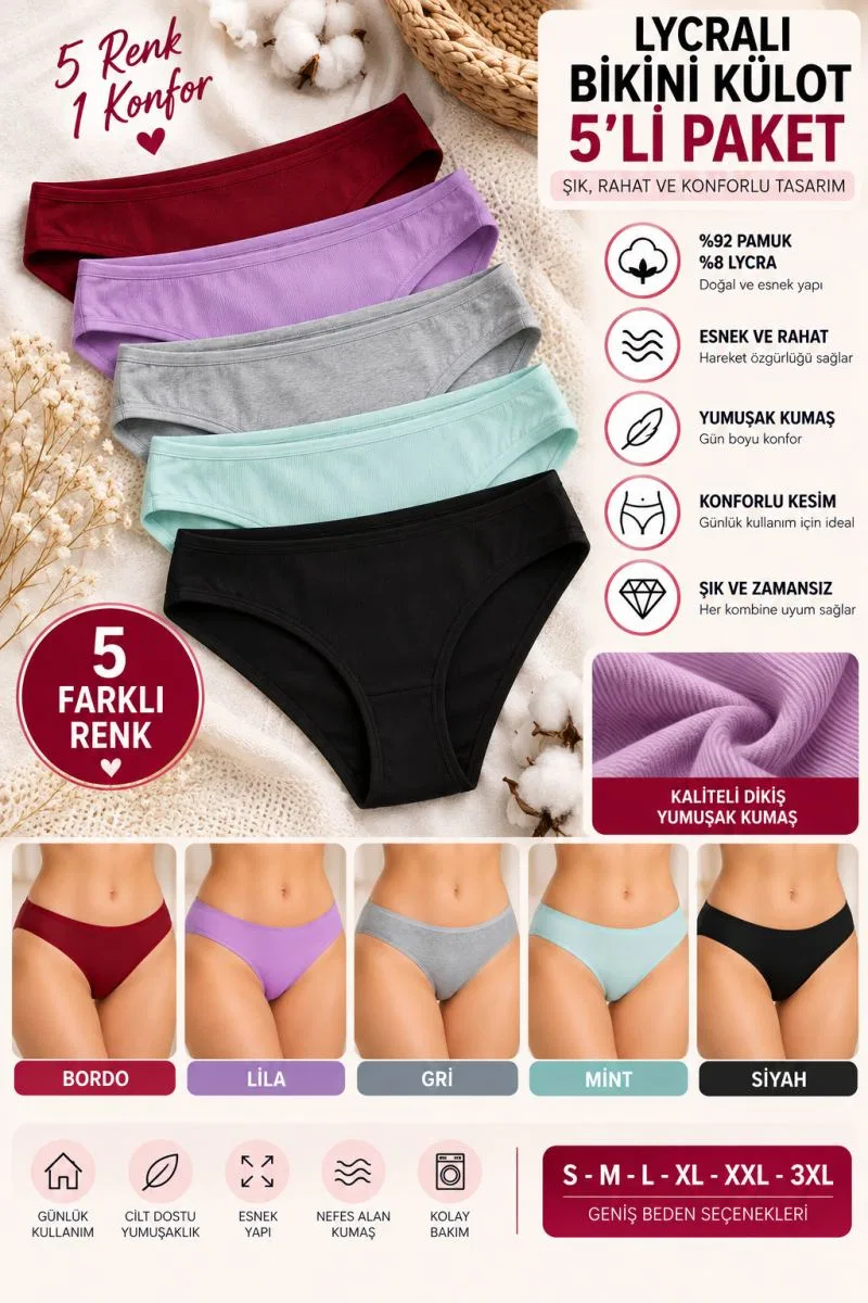 Kadın Likralı Bikini Külot 5'li Paket, Yumuşak Kumaş, Günlük Kadın İç Çamaşırı - ryl -500