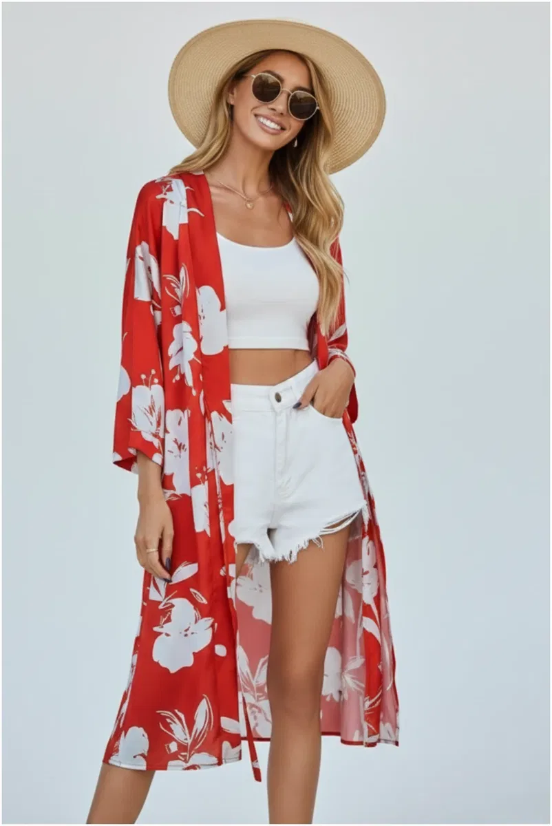 Kadın Belden Bağlamalı Şık Kimono görsel 2