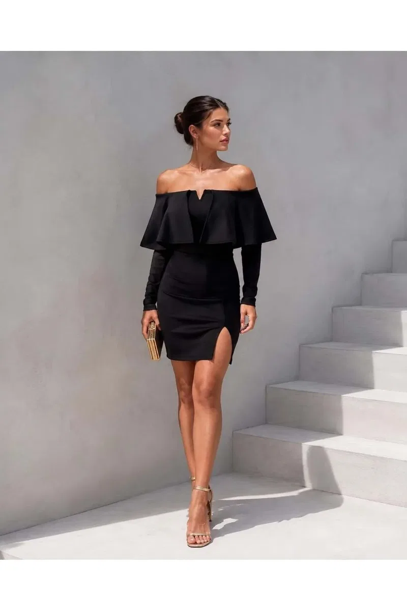 Kadın İnce Carmen Yaka Düşük Kol Bodycon Mini Elbise görsel 3
