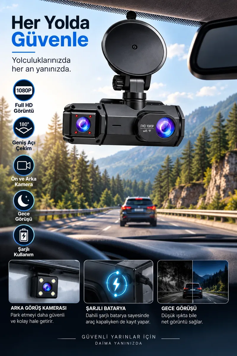 Ön Arka Kayıt 1080P Full HD 180° Geniş Açı Şarjlı Kullanım