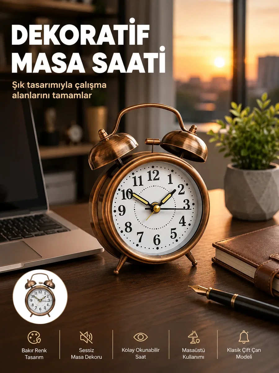 Retro Tarz Bronz Dekoratif Masa Saati Metal Gövde Yüksek Sesli Alarm