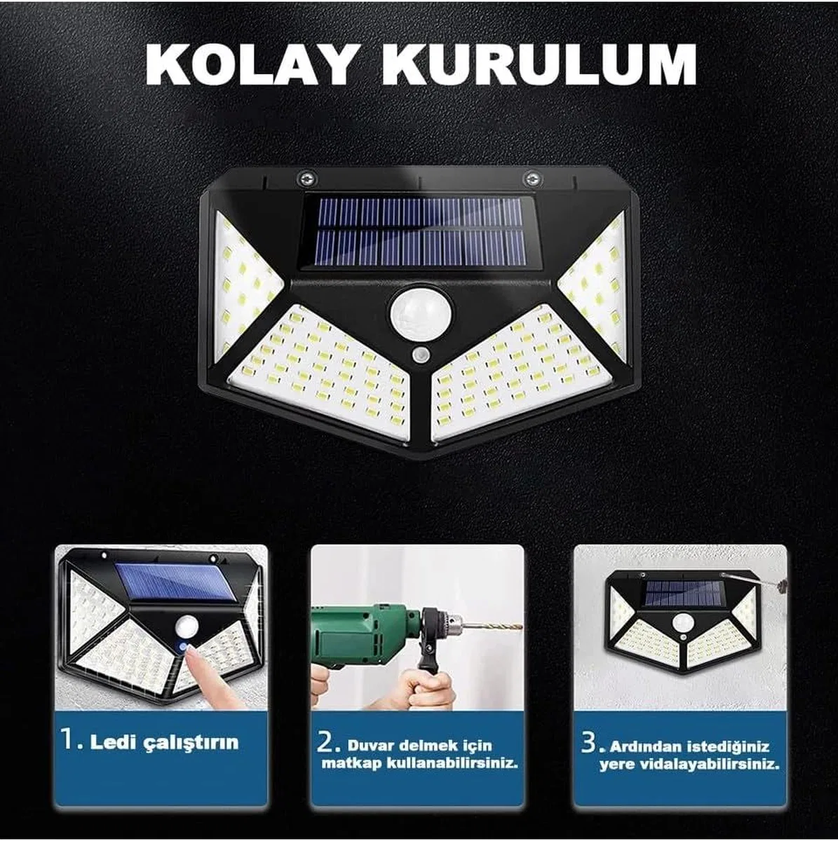 100 Led Dış Mekan Solar Aydınlatma Fotoselli Solar Lamba Hareket Sensörlü görsel 4