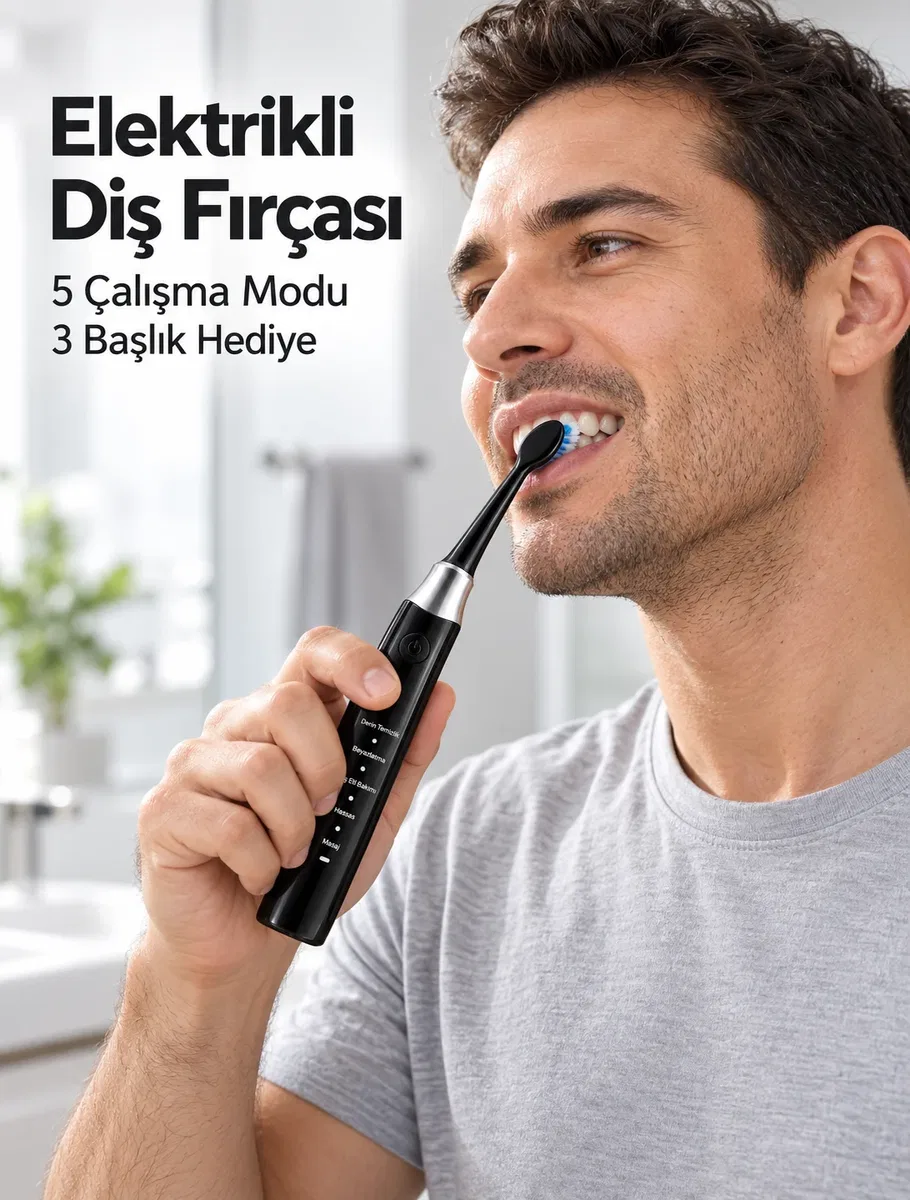 5 Çalışma Modlu Siyah Elektrikli Diş Fırçası 3 Yedek Başlık Hediyeli
