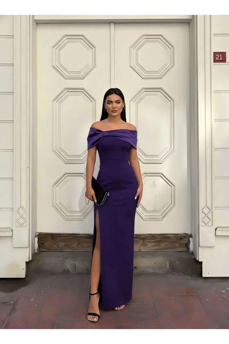 Kadın Günlük Carmen Yaka Kolsuz Saten Kumaş Omzu Açık Abiye Elbise